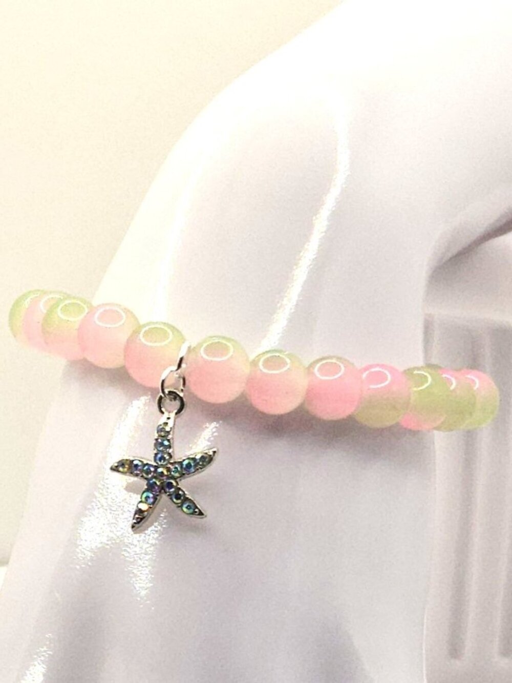 Pink And Green Beaded Bracelet With Starfish Charm - Ocean-Inspired Jewelry